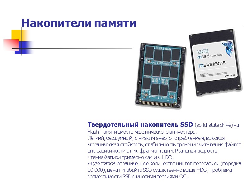 Накопители памяти Твердотельный накопитель SSD (solid-state drive) на Flash-памяти вместо механического винчестера.  Лёгкий,